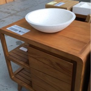 NEW TEAK 800MM VANITY WITH WHITE TERRAZZO BOWL WITH SINGLE DOOR AND OPEN SHELVES RCA512