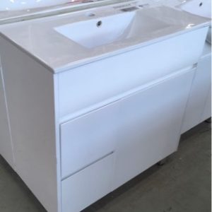 800MM WHITE GLOSS VANITY WITH FINGER PULL DOORS AND DRAWERS LEFT WITH WHITE CERAMIC VANITY TOP 800-510