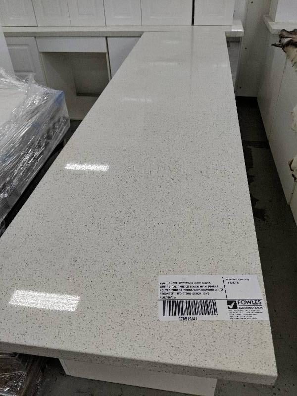 NEW L SHAPE KITCHEN IN HIGH GLOSS WHITE 2 PAC PAINTED FINISH WITH SQUARE ROUTED PROFILE DOORS WITH DIAMOND WHITE RECONSTITUTED STONE BENCH TOPS AL/K10A/DW
