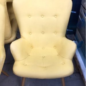 EX HIRE YELLOW VINYL FEATHERSTONE STYLE ARM CHAIR SOLD AS IS