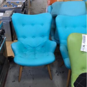 EX HIRE BLUE VINYL FEATHERSTONE STYLE ARM CHAIR SOLD AS IS