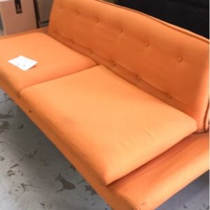 EX HIRE ORANGE UPHOLSTERED RETRO 2 SEATER SOFA SOLD AS IS