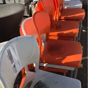 LOT OF ASSORTED CHAIRS QTY 15 ORANGE AND WHITE SOLD AS IS