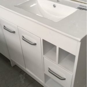 900MM WHITE GLOSS VANITY WITH 2 DOORS LEFT AND OPEN SHELVES ON RIGHT WITH CENTRE DRAWER WHITE CERAMIC VANITY
