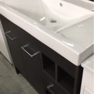 900MM WENGE LAMINATE VANITY WITH 2 DOORS LEFT AND OPEN SHELVES RIGHT WITH CENTRE DRAWER. WITH WHITE CERAMIC VANITY TOP