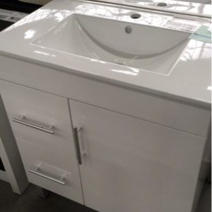 750MM WHITE GLOSS VANITY WITH 2 DRAWERS LEFT SINGLE DOOR RIGHT WITH WHITE CERAMIC VANITY TOP