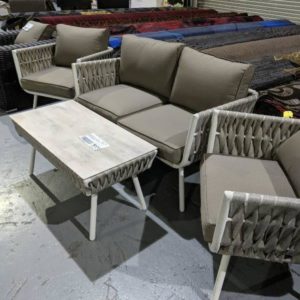 DESIGNER OUTDOOR FURNITURE - 4 PIECE WICKER SET DOUBLE SOFA 2 ARM CHAIRS AND TABLE BEIGE RRP$1699