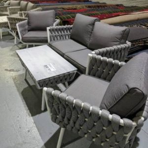 DESIGNER OUTDOOR FURNITURE - 4 PIECE GREY SETTING WITH FIBRE WEAVE 2 SEATER SOFA WITH 2 ARM CHAIRS AND TABLE RRP$1899