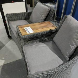 DESIGNER OUTDOOR FURNITURE - JACK AND JILL GREY RATTAN OUTDOOR CHAIR WITH TIMBER MIDDLE TABLE RRP$1199
