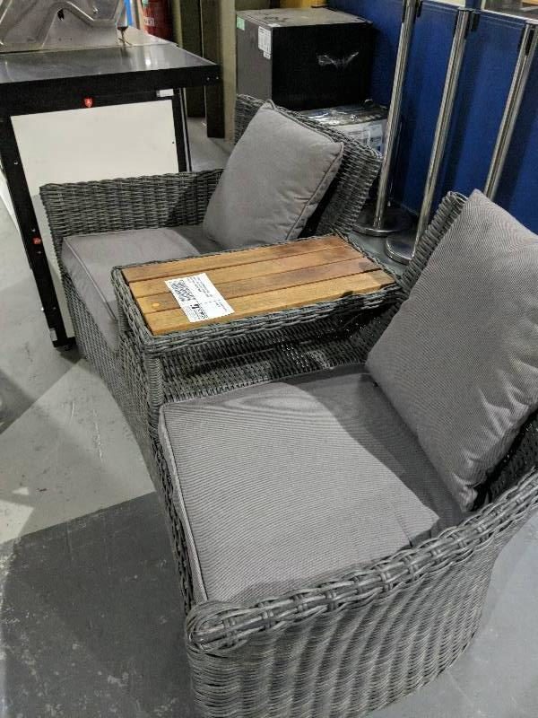 DESIGNER OUTDOOR FURNITURE - JACK AND JILL GREY RATTAN OUTDOOR CHAIR WITH TIMBER MIDDLE TABLE RRP$1199