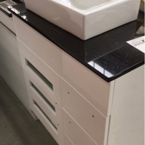750MM WHITE GLOSS VANITY WITH SINGLE DOOR ON LEFT DRAWERS RIGHT WITH BLACK GALAXY GRANITE TOP WITH ABOVE COUNTER BOWL BV375W