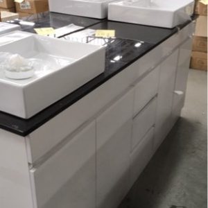 1800MM WHITE GLOSS DOUBLE BOWL VANITY WITH CENTRAL DRAWERS BLACK STONE TOP WITH ABOVE COUNTER BOWLS BN1770