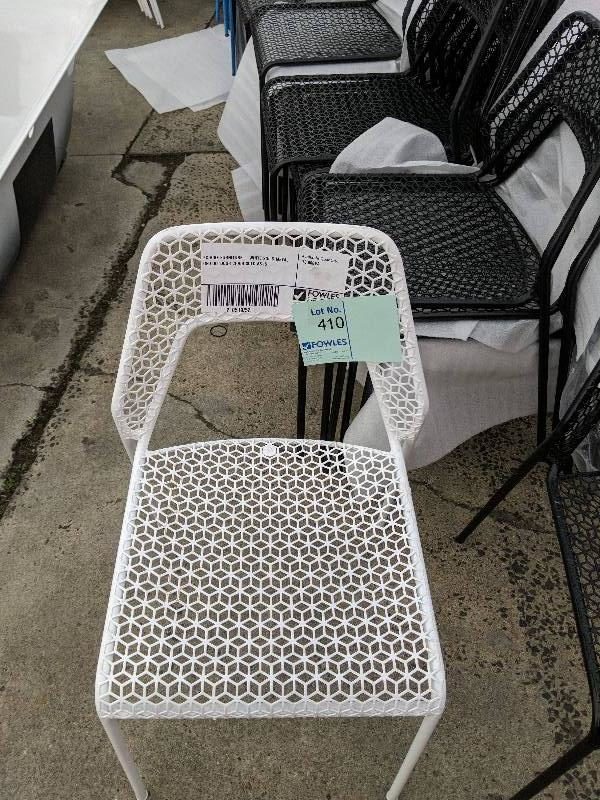 EX HIRE FURNITURE - WHITE SOLID METAL GEO OUTDOOR CHAIR SOLD AS IS