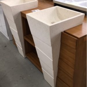 NEW 1500MM TEAK DOUBLE BOWL VANITY WITH OPEN SHELF IN THE MIDDLE AND TALL TERRAZZO WHITE VANITY BOWLS