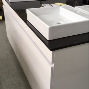1800MM WHITE GLOSS DOUBLE BOWL VANITY WITH CENTRAL DRAWERS BLACK STONE TOP WITH ABOVE COUNTER BOWLS BN1770
