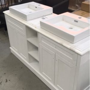 CLASSIC 1500MM FLOORSTANDING VANITY WITH MARBLE TOP DOUBLE ABOVE COUNTER BOWLS WITH WHITE CABINET RRP$1349