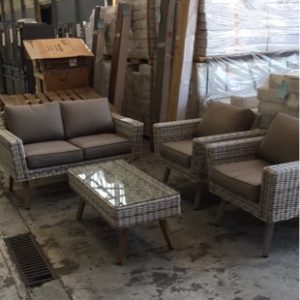 EX DISPLAY DESIGNER OUTDOOR FURNITURE MOON 4 PIECE WICKER SET SOFA WITH 2 ARM CHAIRS AND COFFEE TABLE RRP1499