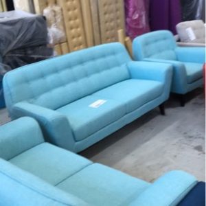 EX DISPLAY HOME FURNITURE - TEAL FABRIC LOUNGE SUITE THAT CONSISTS OF 3 SEATER 2 SEATER AND SINGLE ARM CHAIR SOLD AS IS