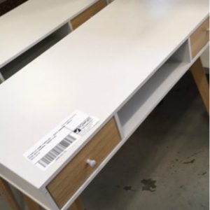 EX DISPLAY HOME FURNITURE - WHITE NARROW DESK WITH DRAWER TIMBER LEGS SOLD AS IS