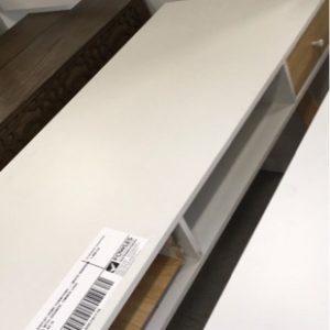 EX DISPLAY HOME FURNITURE - WHITE NARROW DESK WITH DRAWER TIMBER LEGS SOLD AS IS