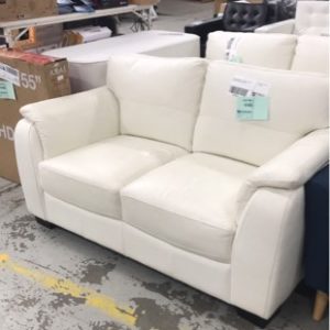 EX RETAIL DISPLAY - WHITE LEATHER 2 SEATER COUCH SOLD AS IS