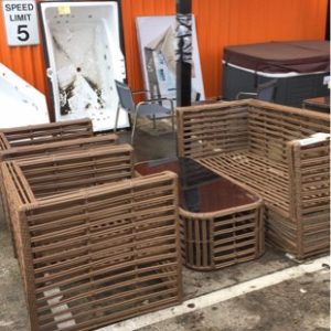 EX FURNITURE HIRE - BROWN CANE OUTDOOR SETTING SOFA 2 ARMCHAIRS AND COFFEE TABLE NO CUSHIONS