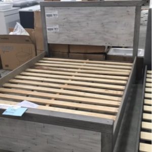 NEW RECYCLED PINE QUEEN BED FRAME GREY WITH WHITE WASH FINISH 4 BOXES ON PICK UP (BAY)
