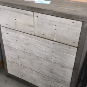 NEW RECYCLED PINE 5 DRAWER TALLBOY GREY WITH WHITE WASH (BAY)