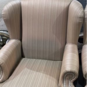 CUSTOM MADE CHELSEA WING CHAIR SECONDS - FADED MATERIAL SILK COPPER PINSTRIPE HIGH BACK WING WITH WALNUT LEGS SOLD AS IS