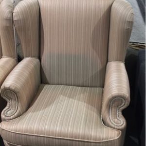 CUSTOM MADE CHELSEA WING CHAIR SECONDS - FADED MATERIAL SILK COPPER PINSTRIPE HIGH BACK WING WITH WALNUT LEGS SOLD AS IS