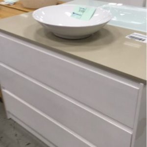 LUSH 1200MM GLOSS WHITE FREESTANDING VANTIY WITH 3 DRAWERS WITH GREY STONE TOP & ABOVE COUNTER BOWL RRP$1189
