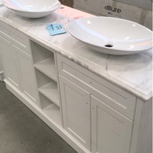 CLASSIC 1500MM FLOORSTANDING VANITY WITH MARBLE TOP DOUBLE ABOVE COUNTER BOWLS WITH WHITE CABINET RRP$1349 **BROKEN BACK KICKBOARD THAT IS AGAINST WALL NOT SEEN FROM FRONT SOLD AS IS