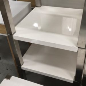 EX DISPLAY HOME FURNITURE - WHITE GLOSS SIDE TABLE WITH CHROME LEGS HAS MARKS SOLD AS IS