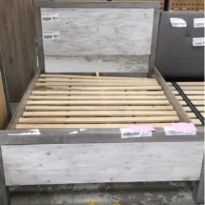 NEW RECYCLED PINE DOUBLE BED FRAME BAY GREY WITH WHITE WASH FINISH 4 BOXES ON PICK UP (BAY)