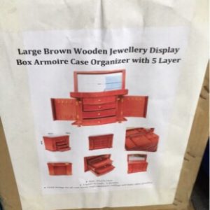 LARGE BROWN WOODEN JEWELLERY BOX WITH 5 LAYER ORGANISER