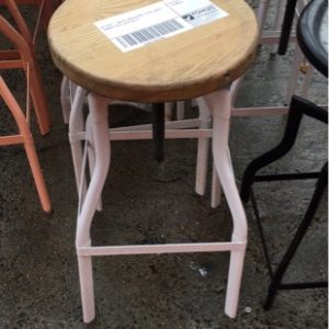 EX HIRE - WHITE INDUSTRIAL STOOL WITH TIMBER SEAT SOLD AS IS