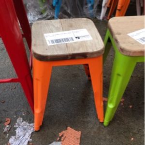 EX HIRE - LOW ORANGE STOOL WITH TIMBER SEAT SOLD AS IS