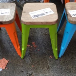 EX HIRE - LOW GREEN STOOL WITH TIMBER SEAT SOLD AS IS