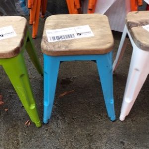EX HIRE - LOW BLUE STOOL WITH TIMBER SEAT SOLD AS IS
