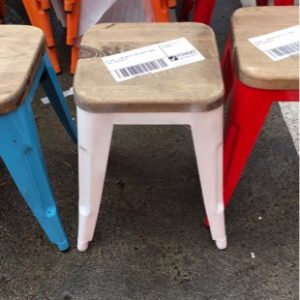 EX HIRE - LOW WHITE STOOL WITH TIMBER SEAT SOLD AS IS
