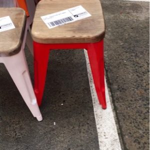 EX HIRE - LOW RED STOOL WITH TIMBER SEAT SOLD AS IS