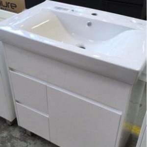 750MM GLOSS WHITE VANITY WITH DRAWERS LEFT FINGER PULL WITH WHITE CERAMIC VANITY TOP VPC750-S439