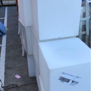 EX HIRE - WHITE PLASTIC SQUARE STOOL SOLD AS IS