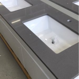 ESCAPE 1500MM WALL HUNG VANITY WITH TWO DRAWERS SIDE BY SIDE GREY STONE TOP WITH DOUBLE ABOVE COUNTER BOWLS RRP$1149