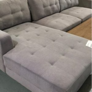 EX DISPLAY HOME FURNITURE - BEIGE BUTTON FABRIC COUCH WITH CHAISE SOLD AS IS