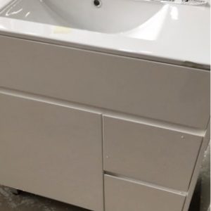 800MM GLOSS WHITE VANITY WITH FINGER PULL DOORS DRAWERS RIGHT WITH WHITE CERAMIC VANITY TOP VPB 800-510