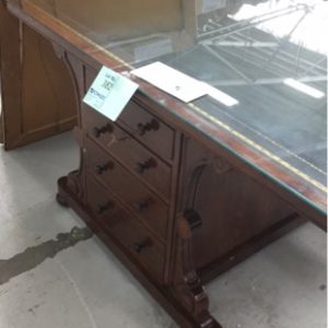 SECONDHAND - ANTIQUE DESK WITH GLASS TOP SOLD AS IS
