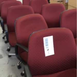 SECOND HAND OFFICE FURNITURE - BURGUNDY OFFICE CHAIR WITH WHEELS SOLD AS IS