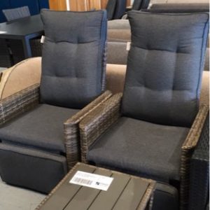 EX DISPLAY OUTDOOR MOOR 3 PIECE LOUNGE SET 2 X RECLINING ARM CHAIR WITH SIDE TABLE RRP$799