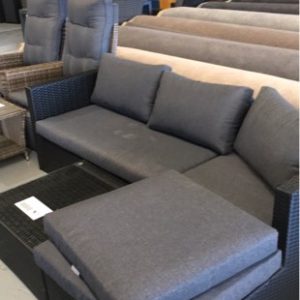 EX DISPLAY OUTDOOR GREY RATTAN L SHAPE LOUNGE WITH GLASS TOPPED COFFEE TABLE COFFEE TABLE COMES WITH CUSHION AS WELL TO BE USED AS OTTOMAN
